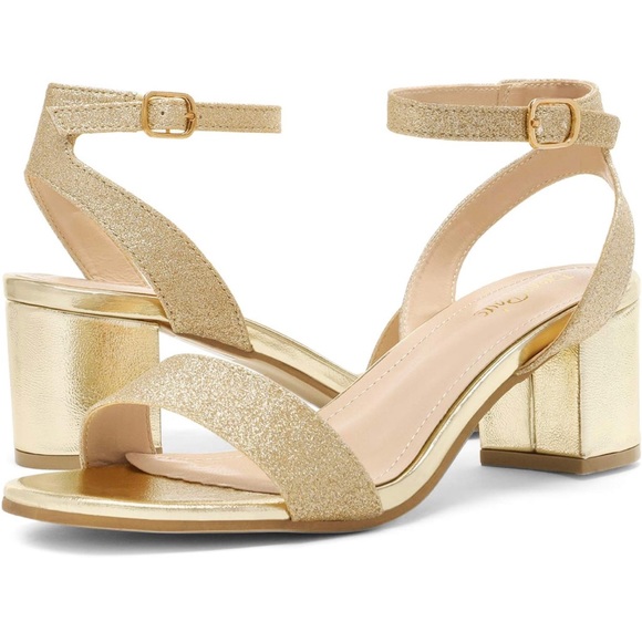 Women’s Gold Open Toe Ankle Strap Chunky Heels - Picture 3 of 3